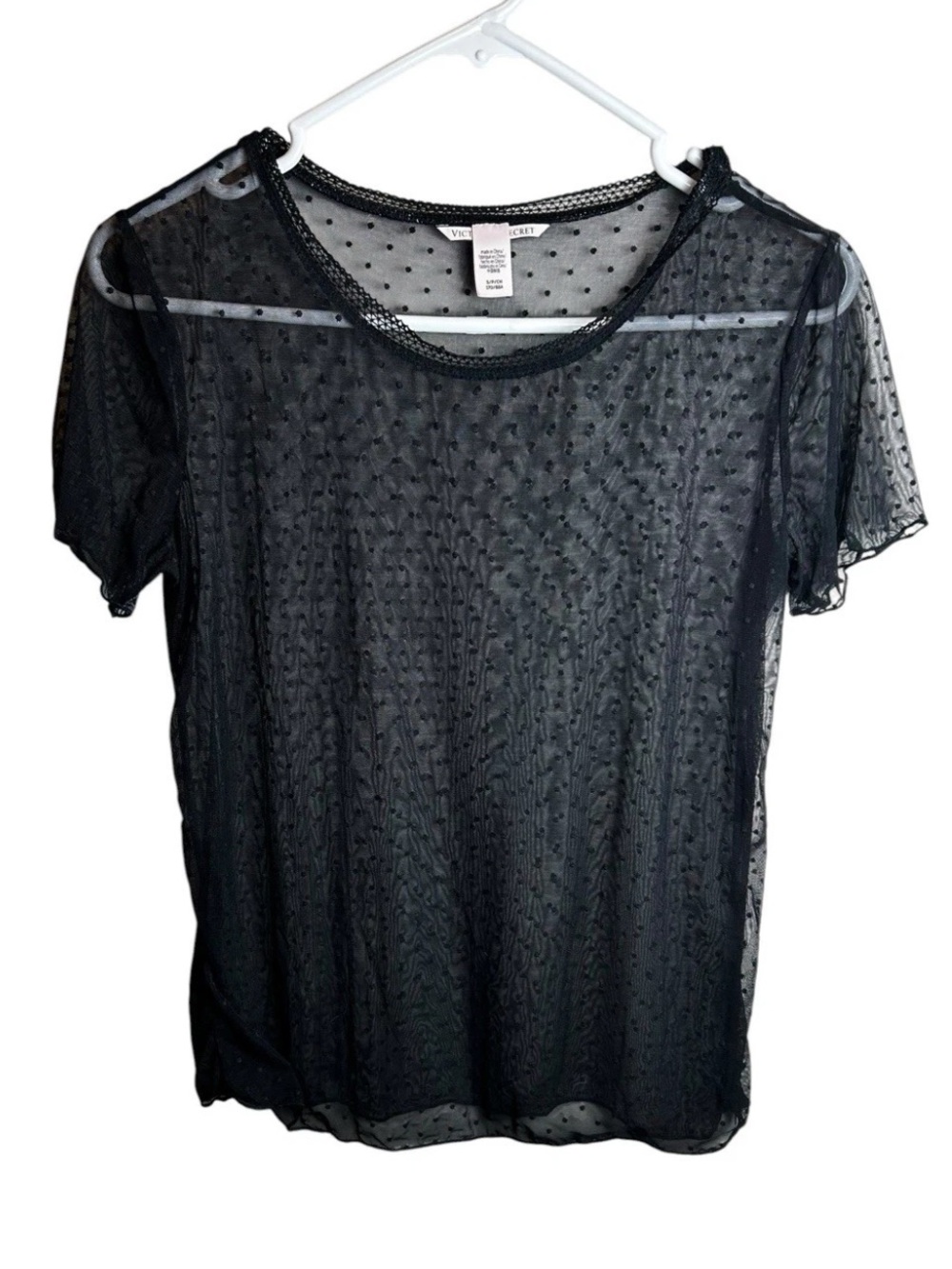 Victoria Secret Sheer Black Mesh Top Swiss Dot Lace Trim Short Sleeve Women’s S